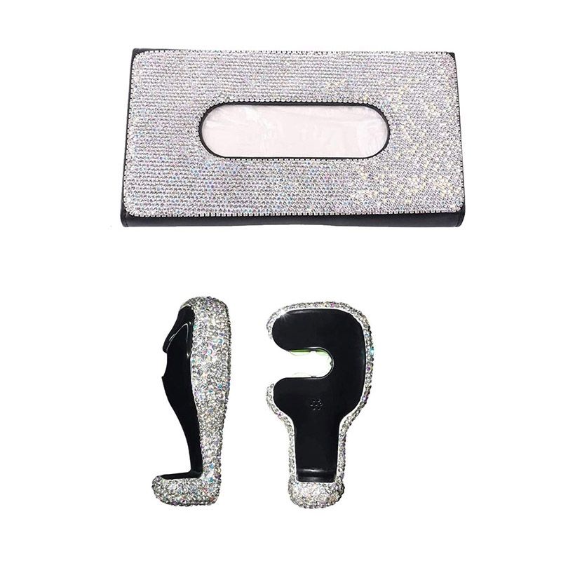 Bling Car Visor Tissue Holder Leather Crystal Sun Visor Paper Case & Bling Car Back Seat Headrest Holder Hooks for Women