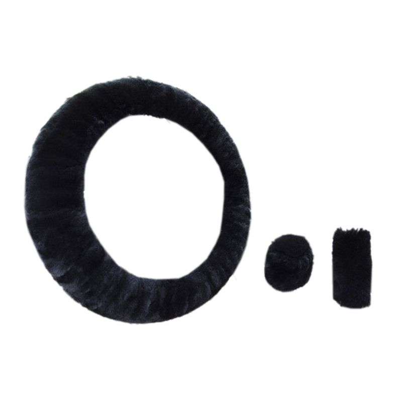 Steering-Wheel Plush Car Steering Wheel Covers Winter Faux Fur Hand Brake and Gear Cover Set Car Interior Accessories Universal (Black)