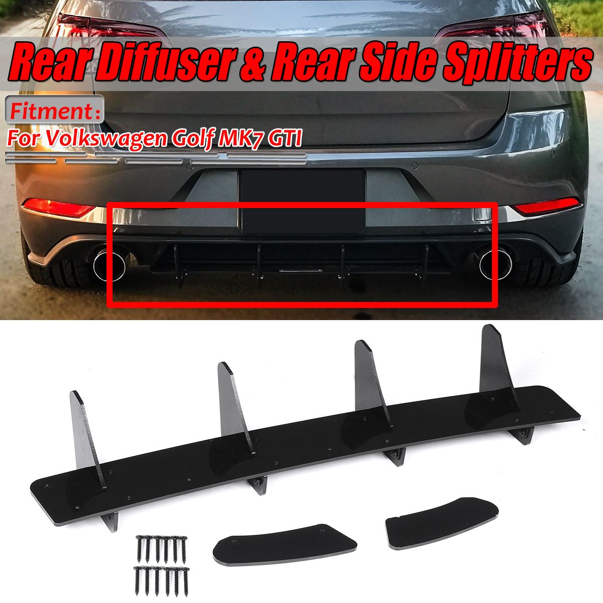 Rear Bumper Diffuser & Rear Side Splitter Black For Volkswagen VW GOLF 7 MK7 GTI