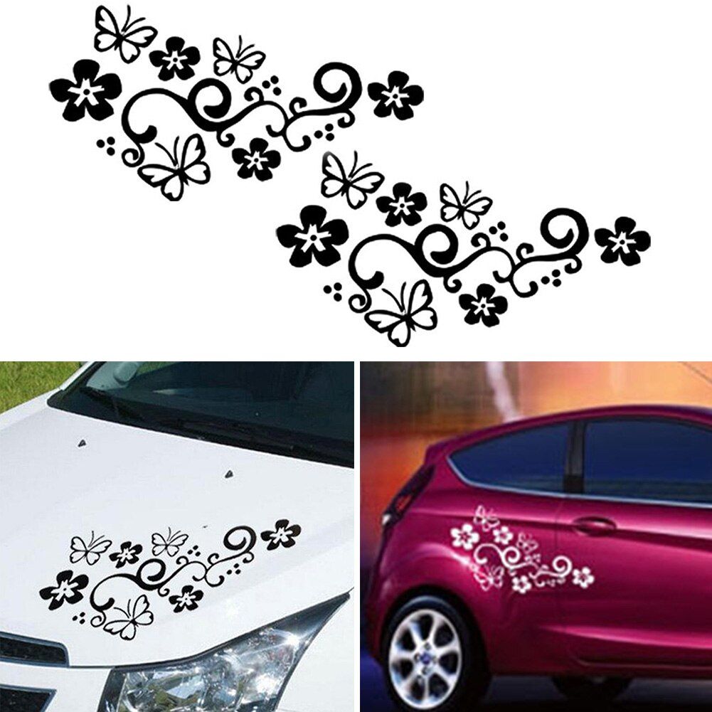 2Pcs Car Sticker 47cm*25cm Waterproof Universal Flower and Butterfly Black / White Decoration Sticker PVC for Auto Truck