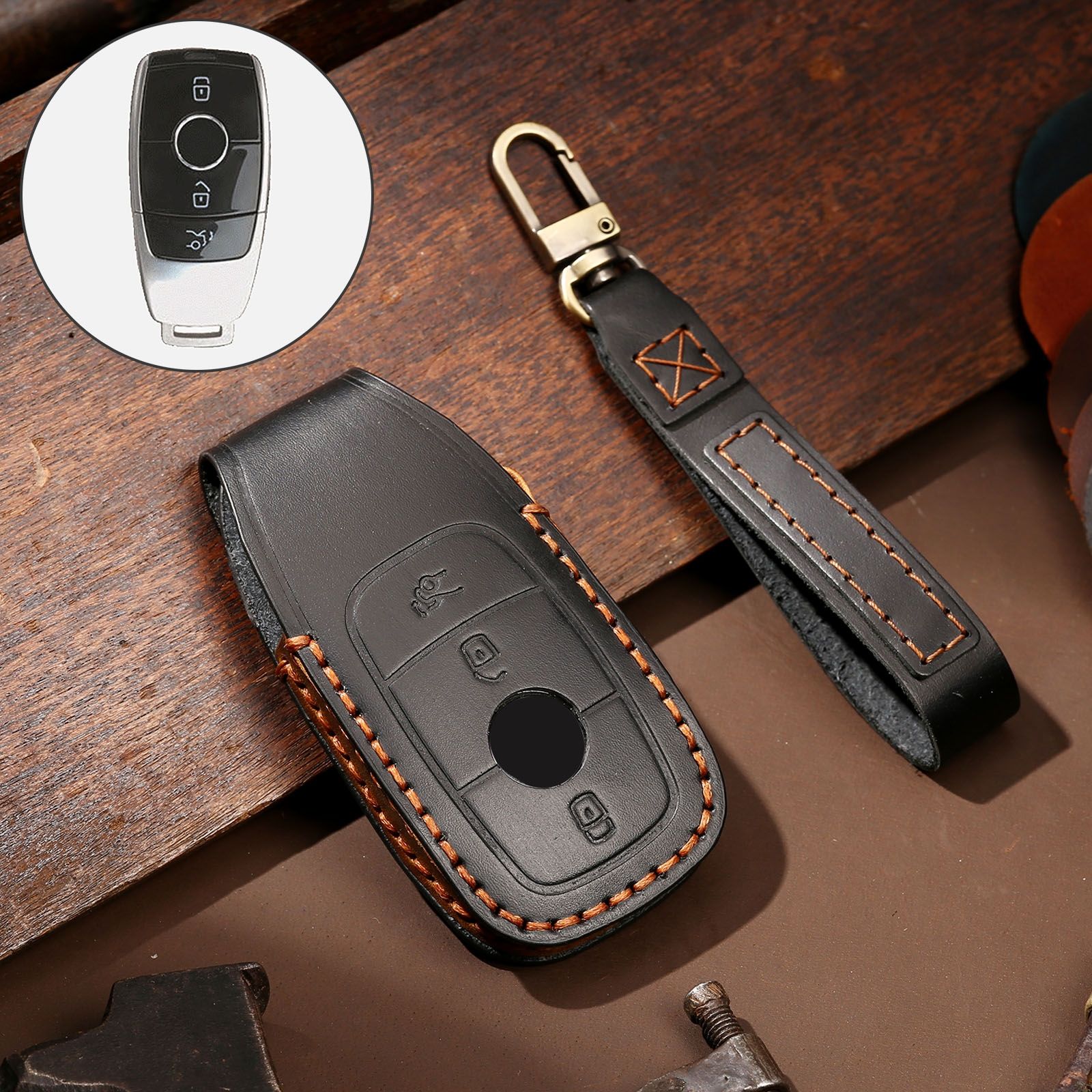 Hallmo Car Cowhide Leather Key Protective Cover Key Case for New Mercedes-Benz E300L