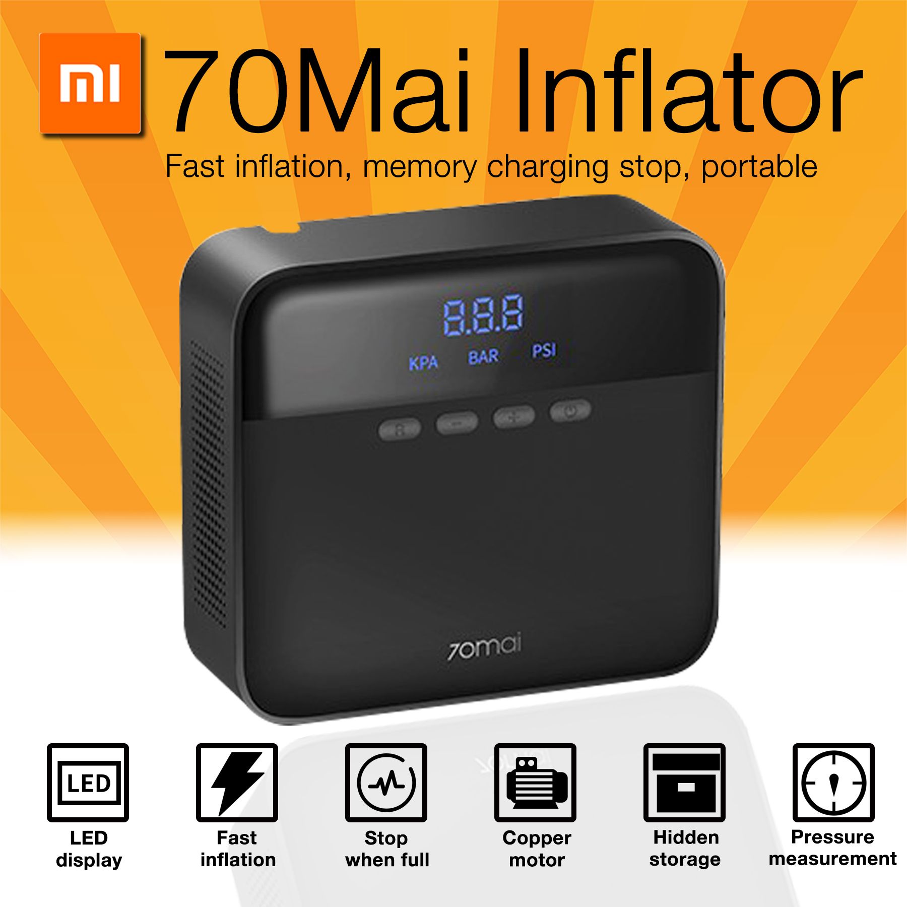 Xiaomi70mai এয়ার কমপ্রেসার লাইট পোর্টেবল 12v বৈদ্যুতিক গাড়ি এয়ার পাম্প