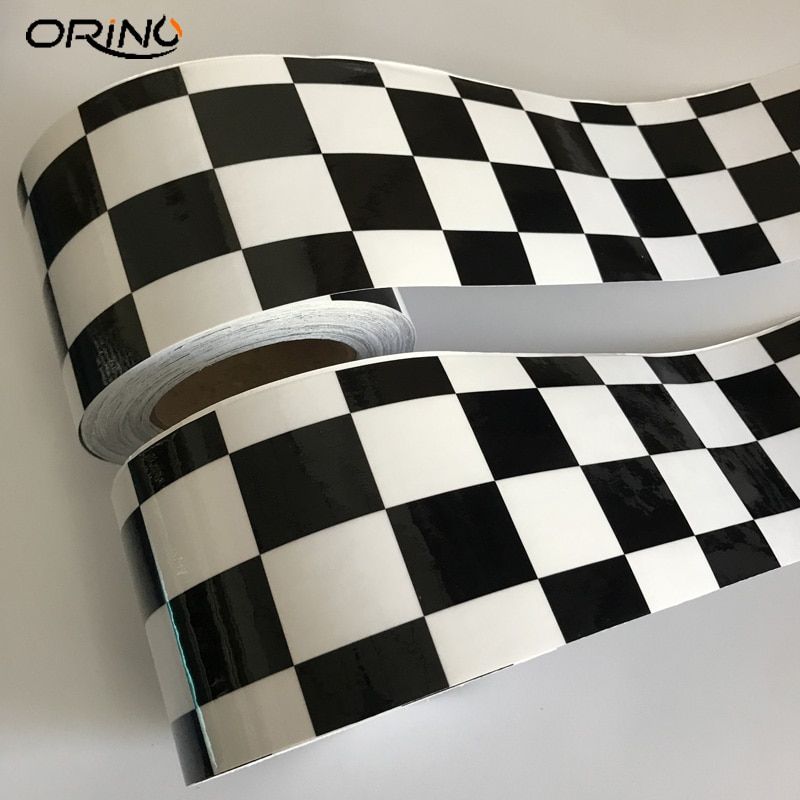 10cmx500cm Gloss Black White Checkered Racing Flag Vinyl Film Car Wrap Foil Air Release Adhesive Car Motorbike Scooter Sticker