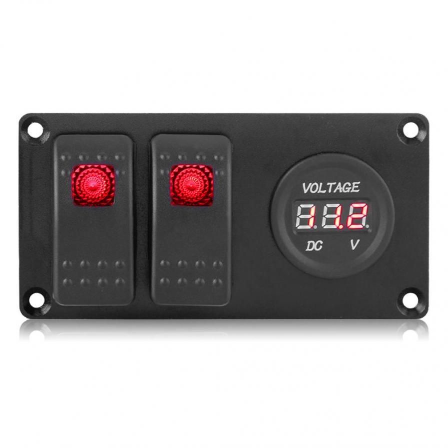 2 Gang 12-24V Red LED Rocker Switch Panel with Voltmeter for Car RV Marine Boat Switch Panel