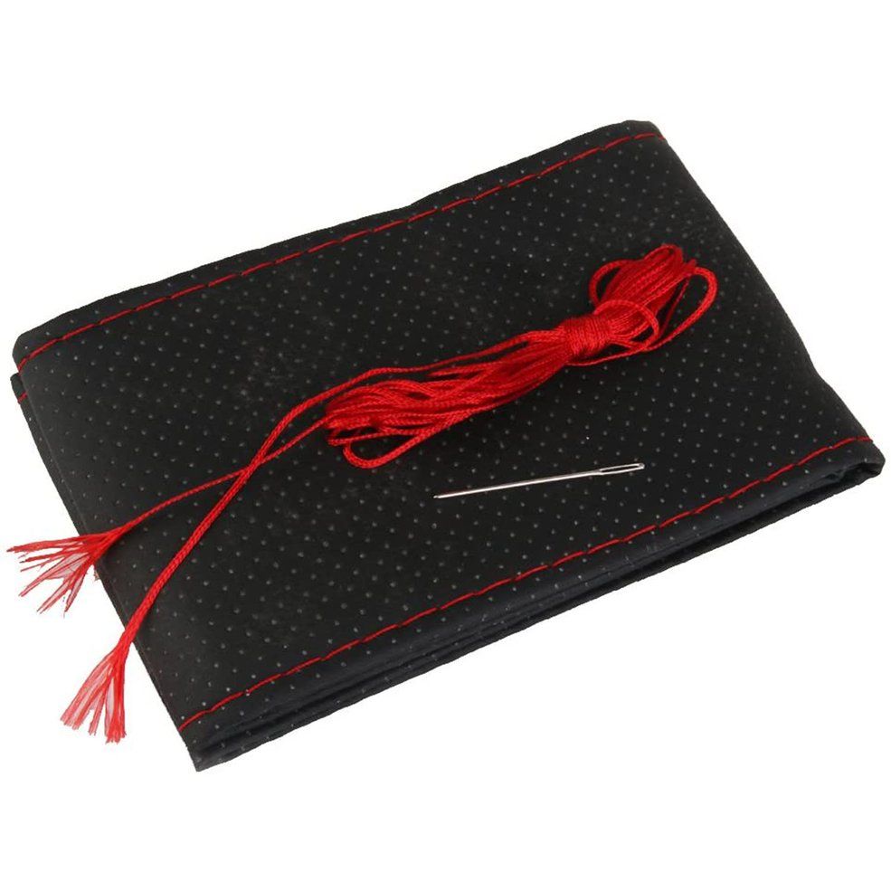 Car Hand Sewing Full Hole Steering Wheel Cover Black Red Four Seasons-Black