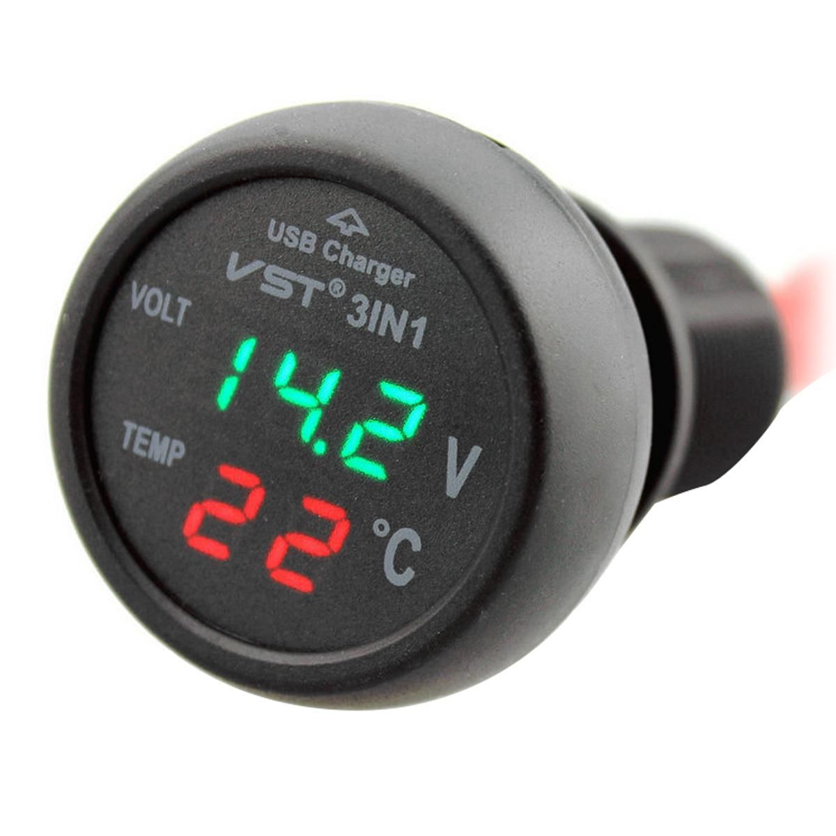 Car 12V 24V Green LED Voltmeter & Red LED Thermometer & USB Charger