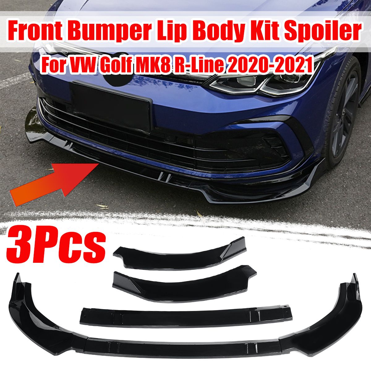 For VW Golf MK8 R-Line 2020-2021 Glossy Black Front Bumper Lip Kits Spoiler Chin Car Accessories