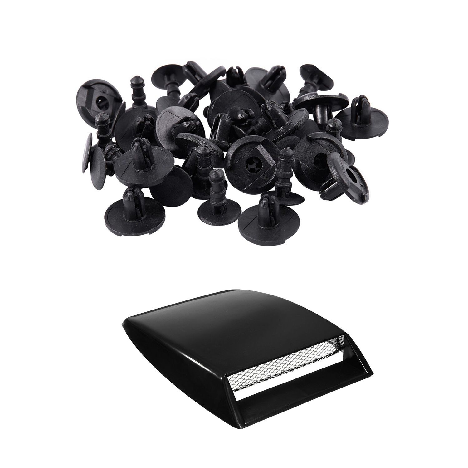 20 Pcs Fender Lock Push Screw Pin Clips & 1x Universal Car Decorative Air Flow Intake Scoop Bonnet Vent Cover Hood