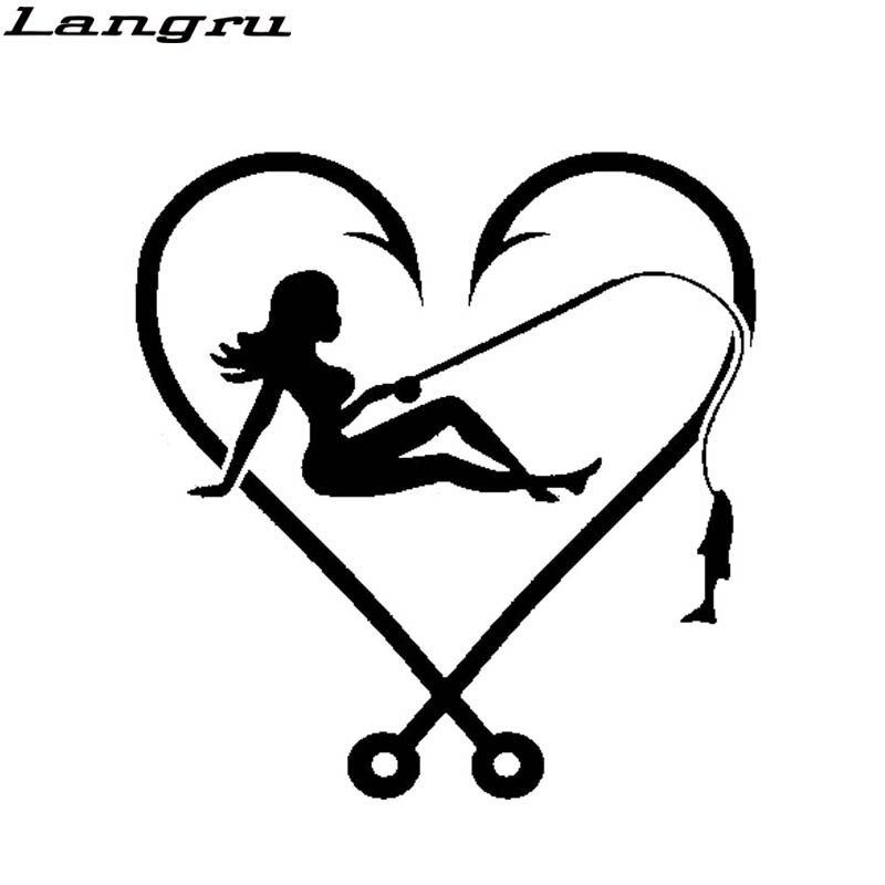 Langru 14.4*15cm Personalized I Love Fishing Sexy Girl Hook Heart Fish Fishing Line Vinyl Decals Car Sticker Accessories Jdm