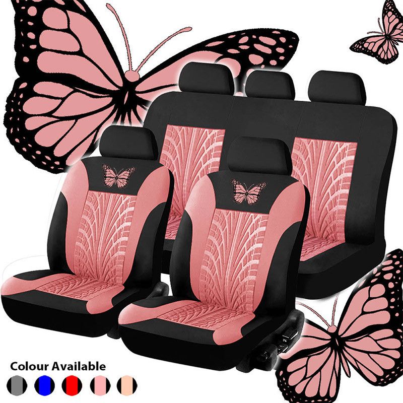 【Universal】(Butterfly) 1/2/5-seaters Car Seat Cover All-season Auto Protector Interior Front Seat Rear Seat Back Seat Cushion Cover W/ Separate Headrest Cover For Car Truck SUV Van - BLK+GREY (Single-seat)