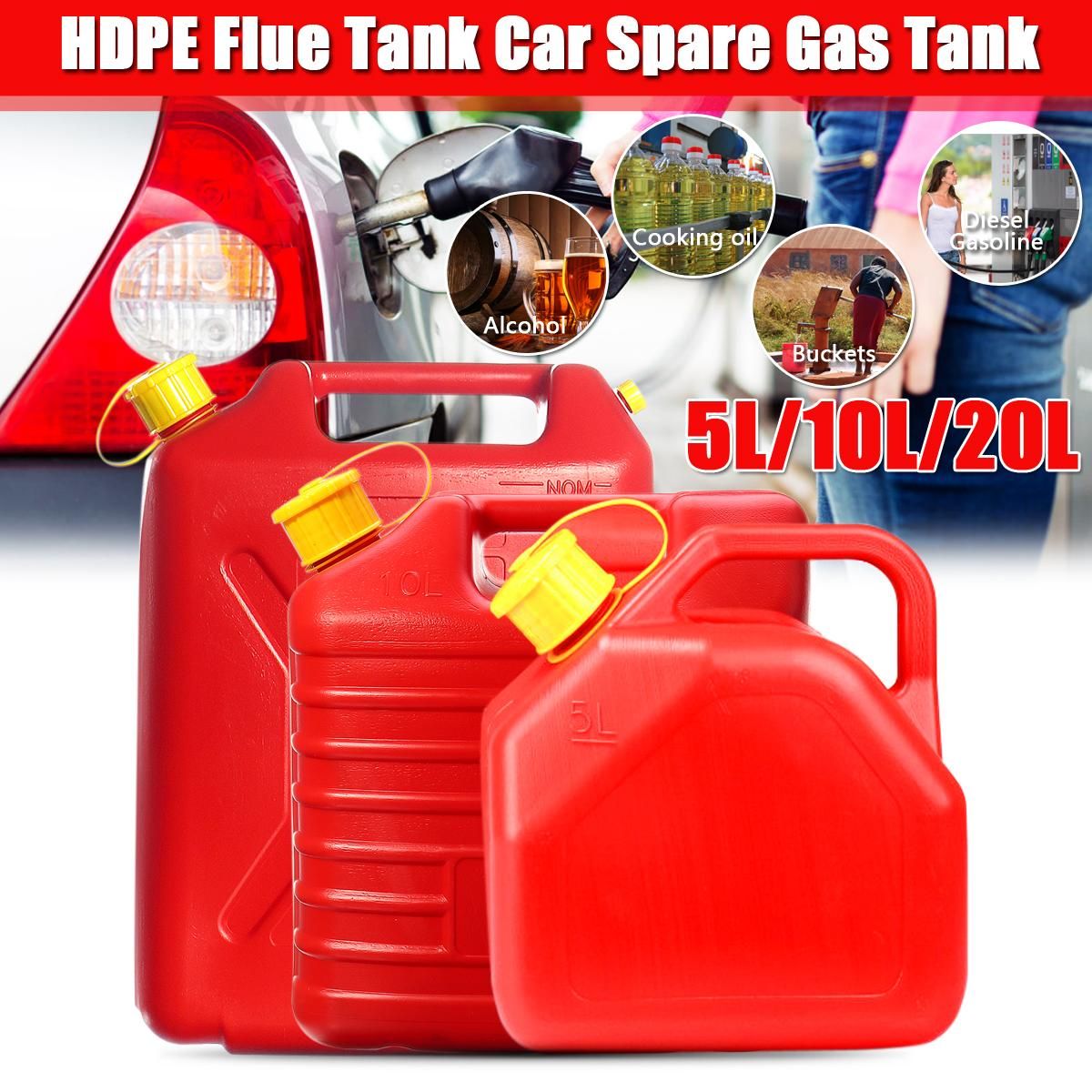 5L/10L Motorcycle Car Plastic Portable Jerry Can Gas Fuel Tank Petrol Spare Fuel Container for Offroad ATV UTV - Chili Red