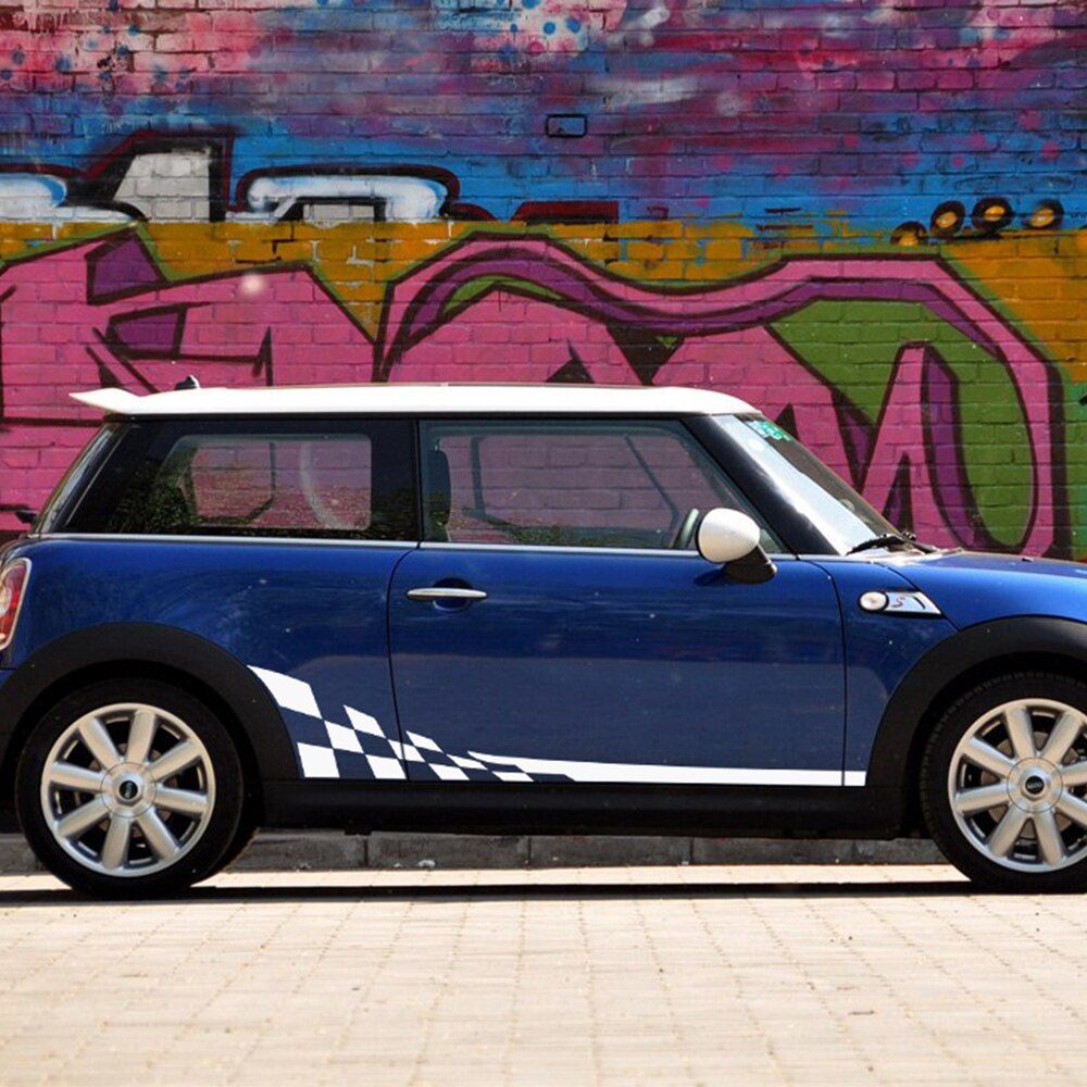 2x Car Styling Racing Lattice Door Side Stripes Skirt Body Decal Sticker For MINI Cooper R50 R52 R53 R56 F56 R60 Accessories