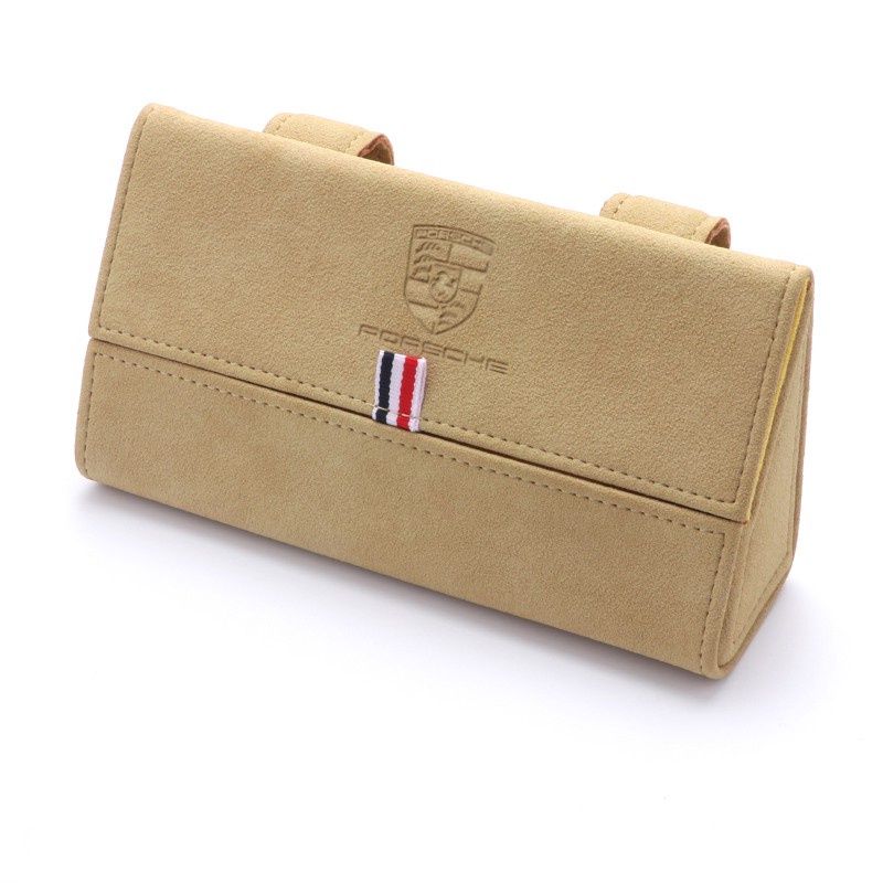 1pcs BEIGE Suitable For Porsche Car Sunglass Holder Sun Visor Car Sunglasses Case Organizer Glasses Storage Box Turn Fur Leather Glasses Case Auto Accessories Panamera/Macan/Cayenne/Taycan/917/718/911