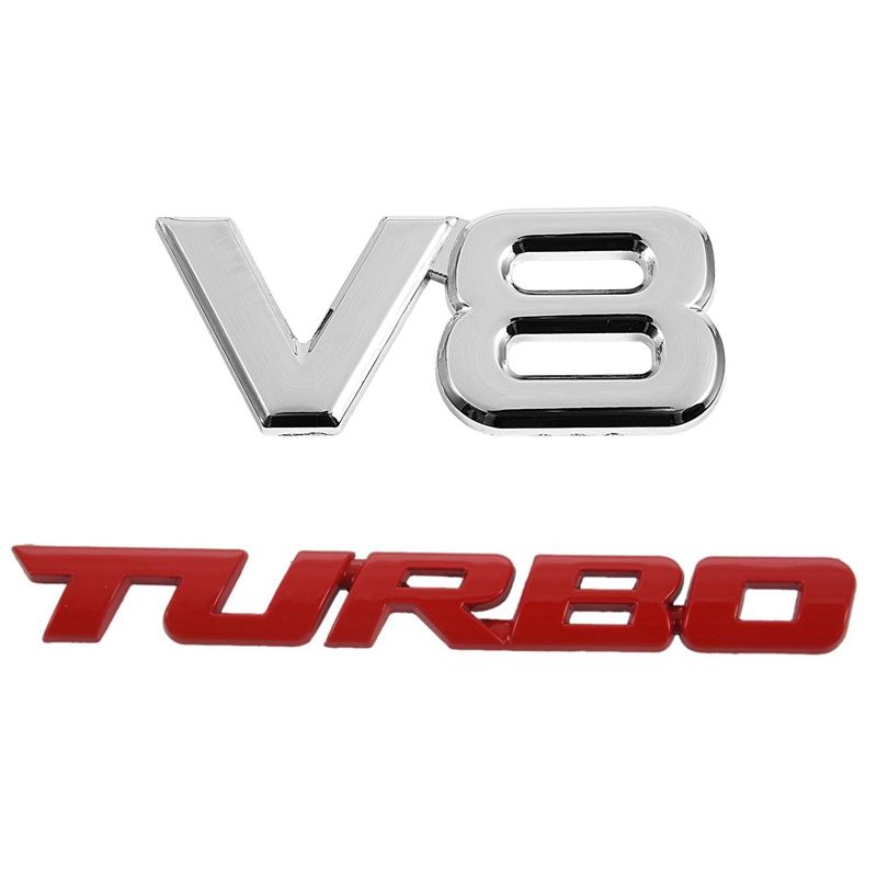 2PCS 3D Silver Auto Motor V8 Car Rear Emblem Decal Badge Sticker with TURBO Auto 3D Metal Emblem Badge Decal Sticker