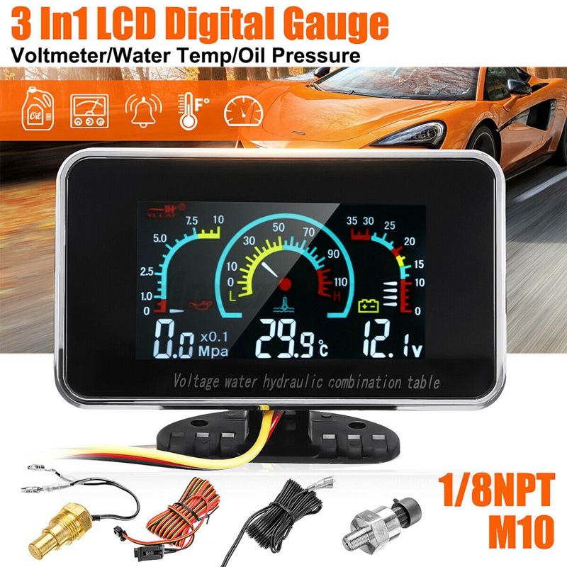 3 In1 LCD Car Digital Gauge Voltmeter/ Pressure/Water Temp 12-24V Universal