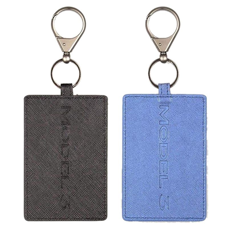 2pcs Key Card Holder for Tesla Model 3, Anti-Dust Light Leather with Keychain for Tesla Model 3 - Blue & Black