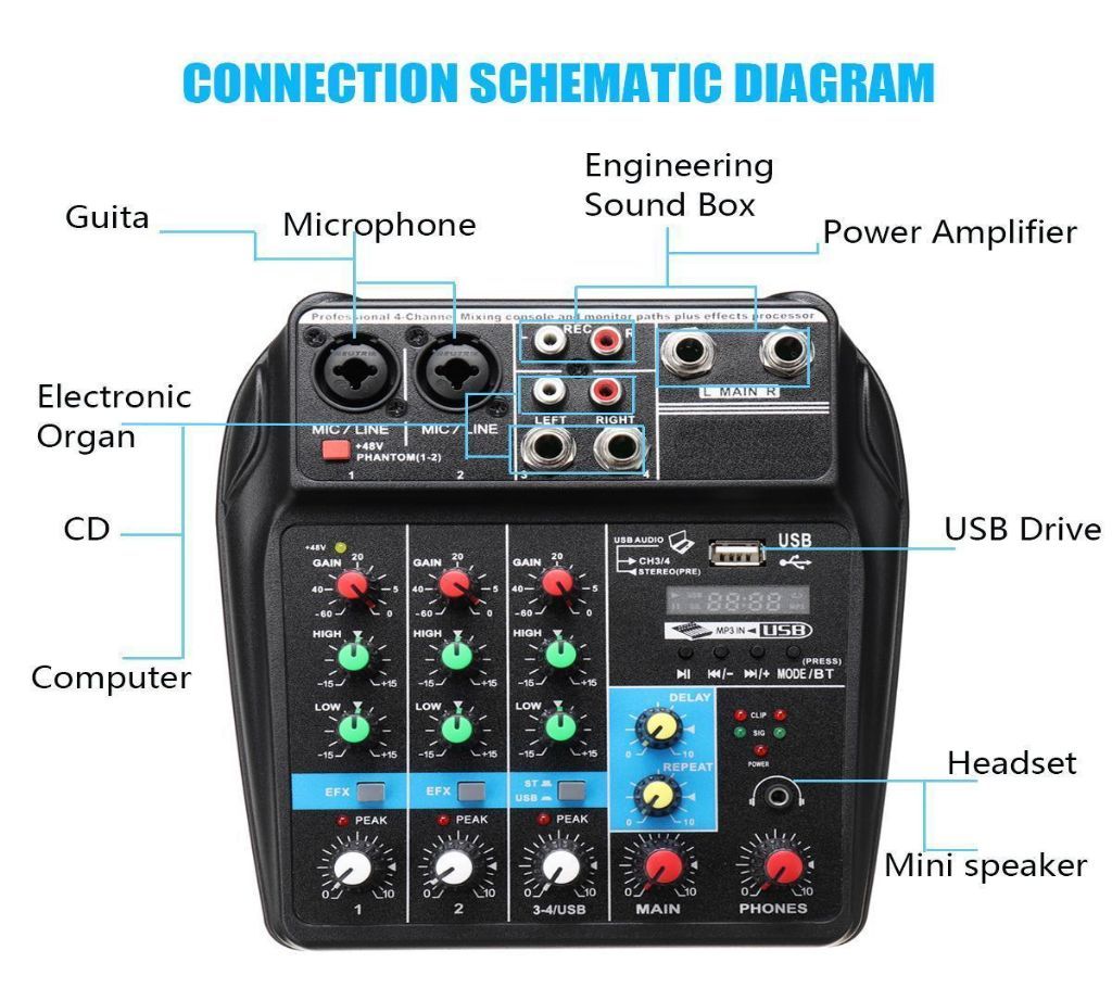 4 Channels USB Bluetooth Studio Audio Mixer