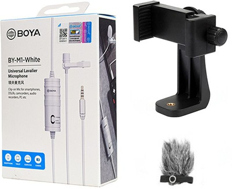 BOYA BY-M1 white with Fur-Lav and Mount5 Omnidirectional Lavalier Condenser Microphone