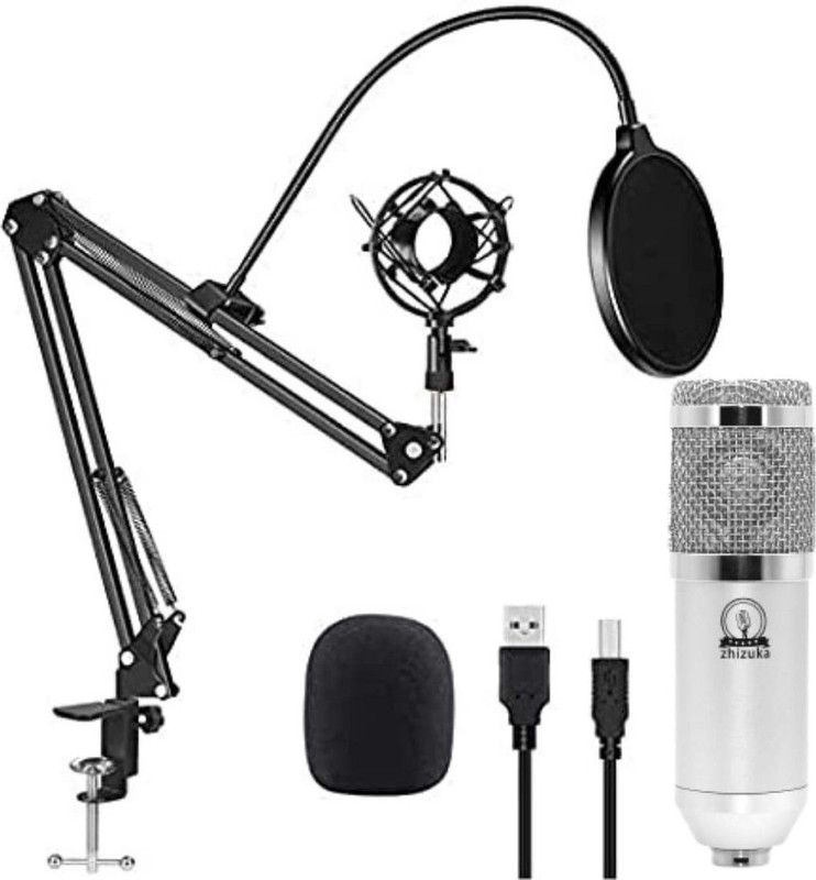 zhizuka BM800 USB Condenser Microphone with Adjustable BoomArm Stand, Shock Mount-Silver Microphone