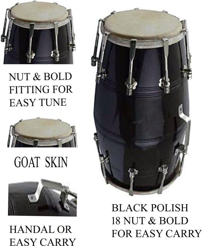 RAM musical BLACK POLISH 18 Nut & Bolts Dholak  (Black)