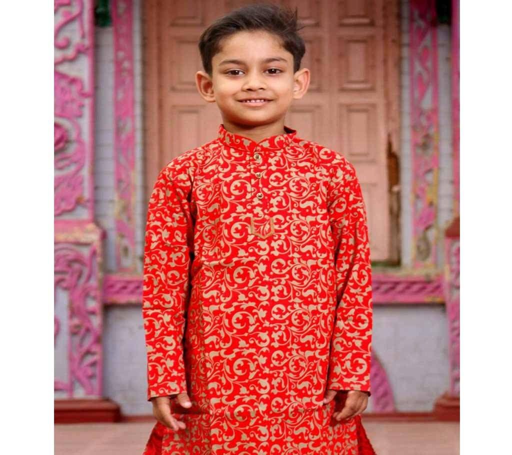 Red all over printed Boishakhi Panjabi for Kids