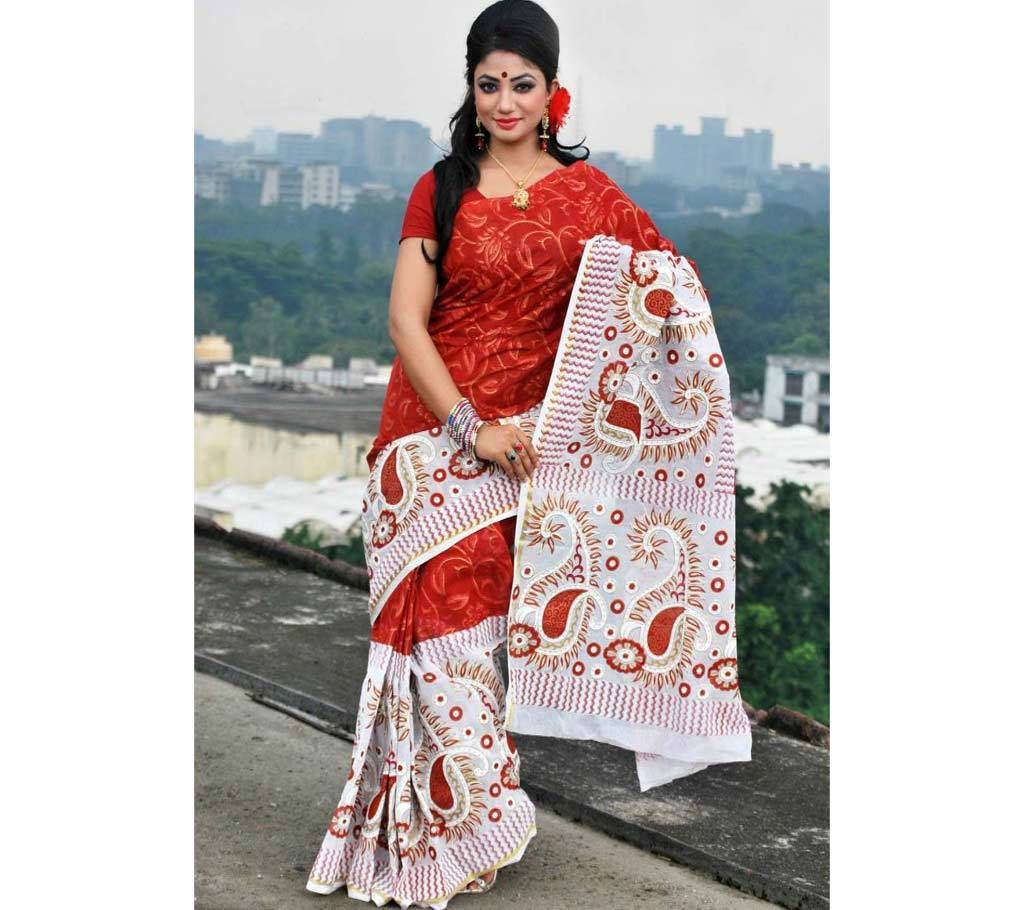Boishakhi Red and White Cotton Sharee 