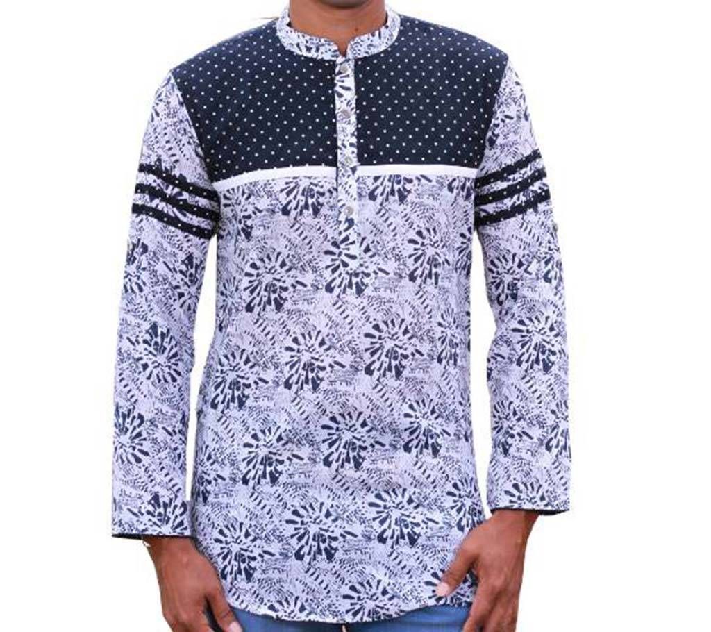 Mens White Printed Cotton Katua