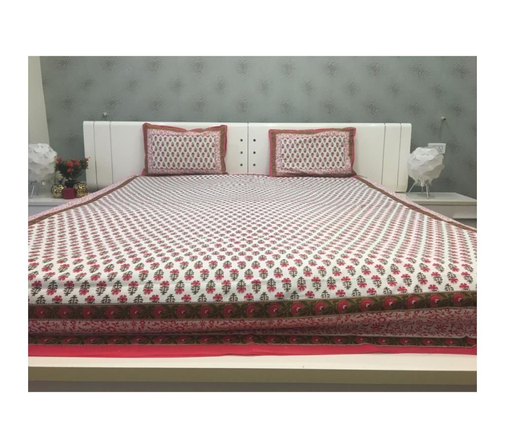 White And Red Cotton Block Print Double Bedsheet