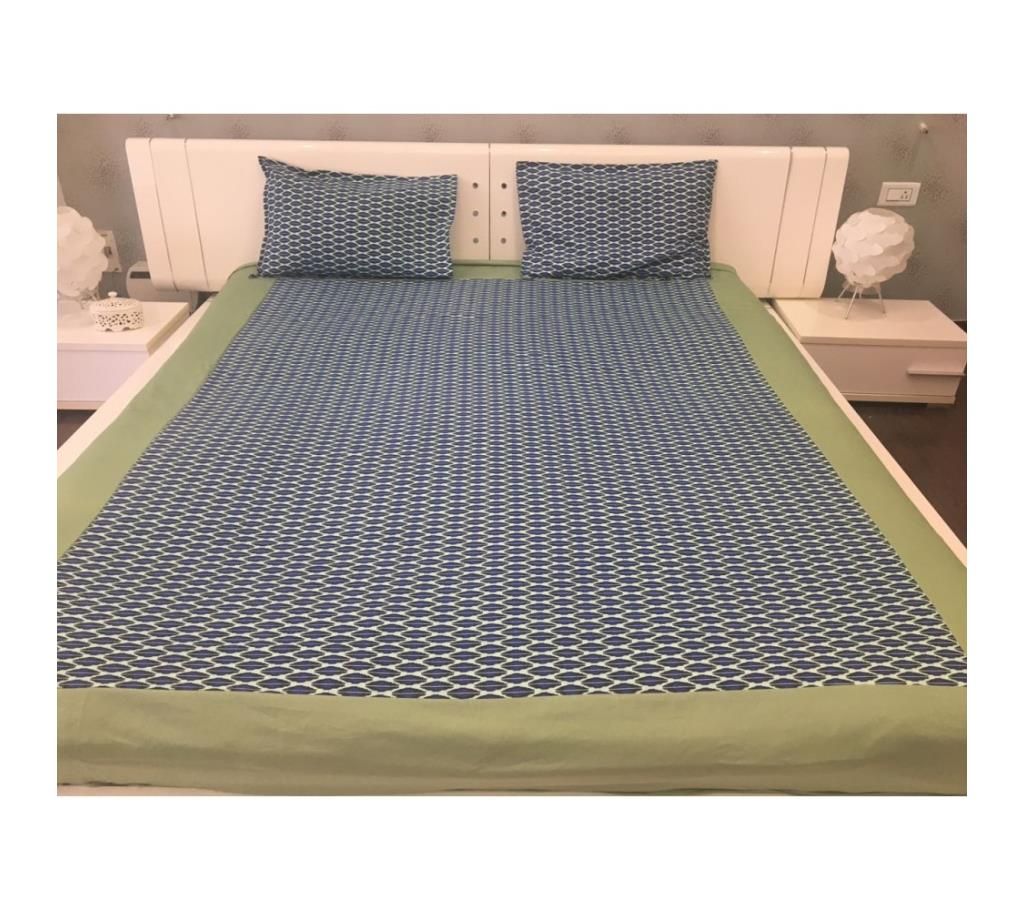 Geometric Blue With Olive Green Panel Cotton Double Bedsheet