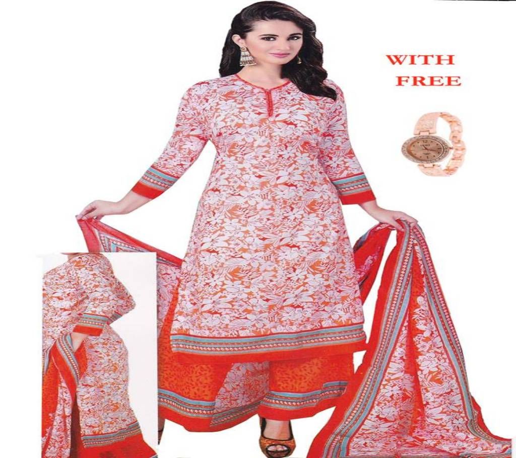 Un-Stitched Cotton Three- with Women Watch Free!