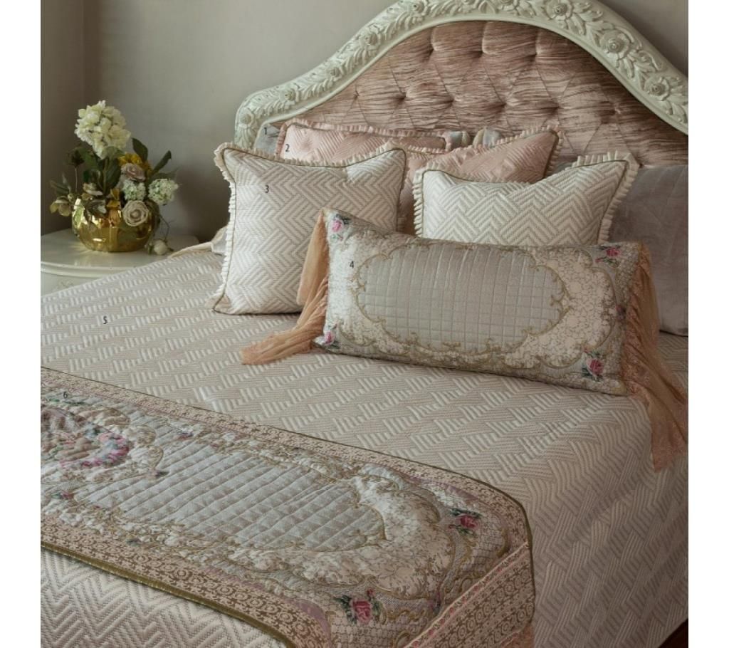 Silk Quilted Ivory Bedcover with Embroidered and Tassled Bed Runner And Cushion