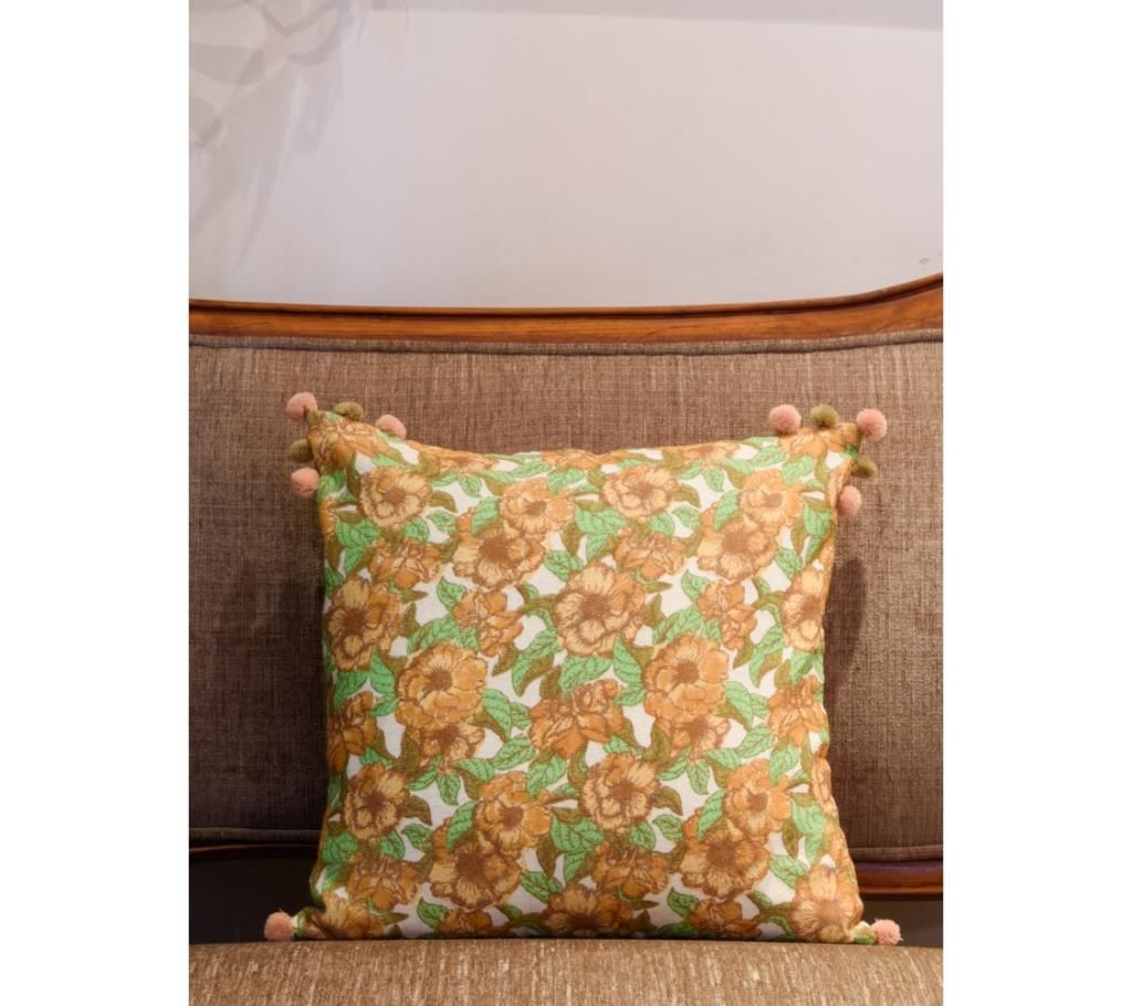 Garden/ Orange Printed & Hand Embroidered Cushion Cover