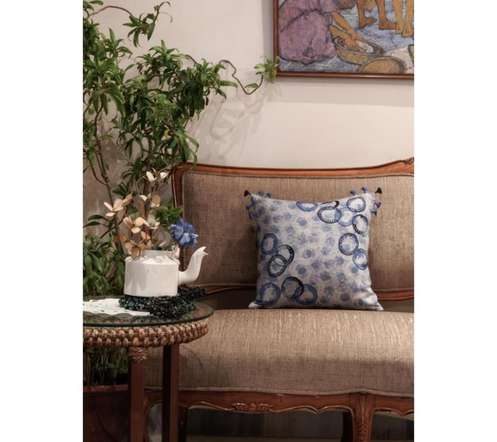 Circle of Life/ Indigo Printed & Hand Embroidered Cushion Cover
