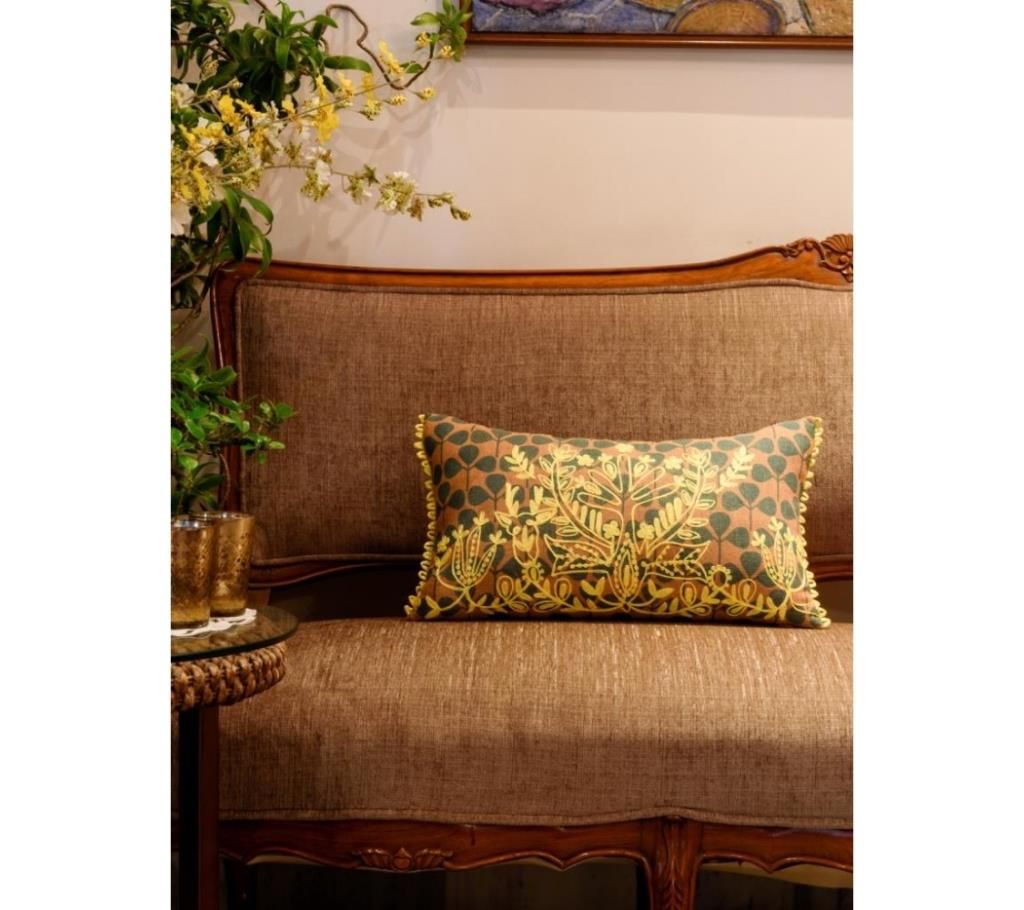 Tribal Life/ Green Yellow Printed & Hand Embroidered Cushion Cover