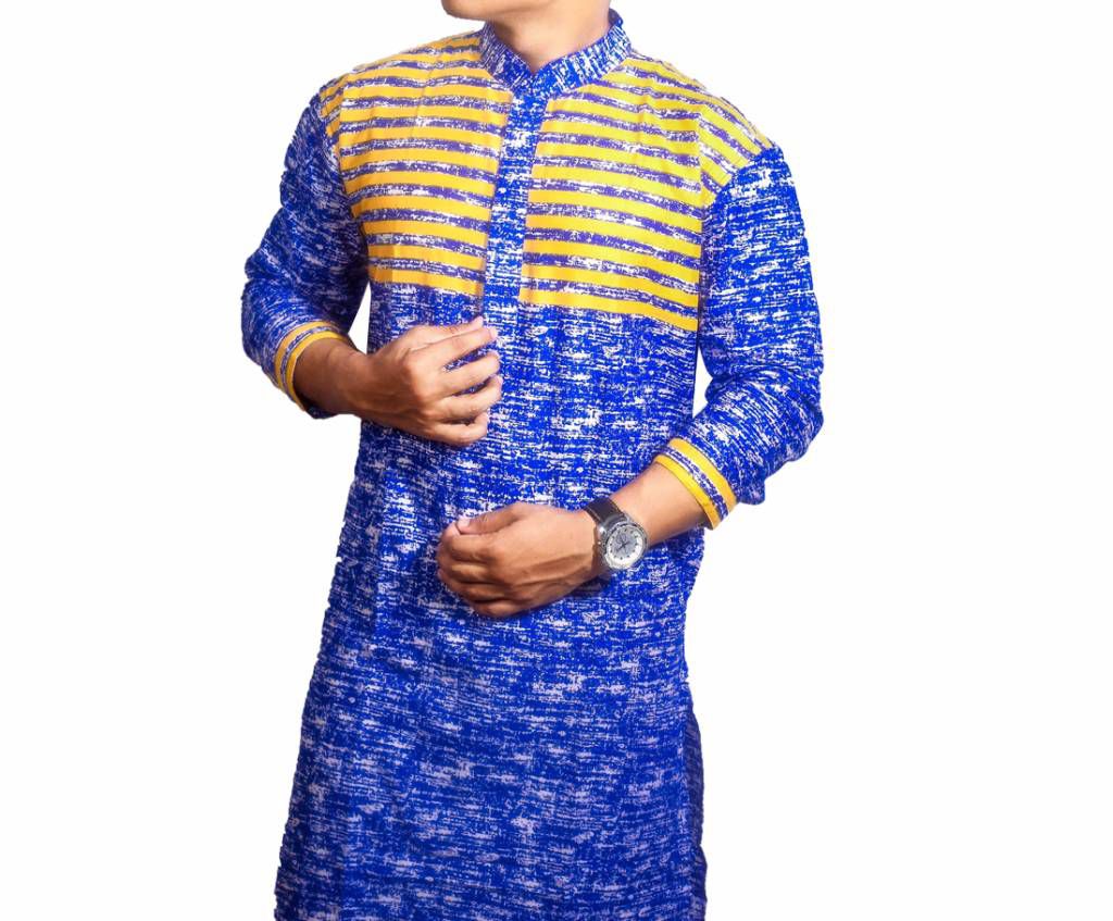 Mens Blue Printed Cotton Panjabi