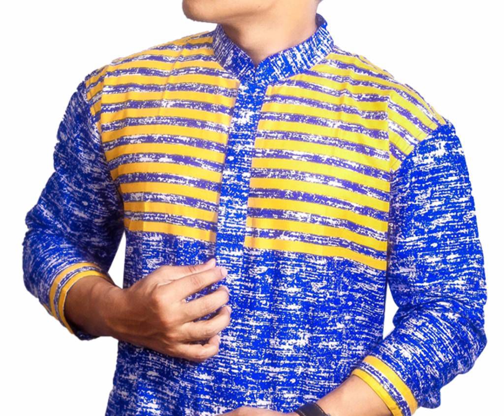 Mens Blue Printed Cotton Panjabi
