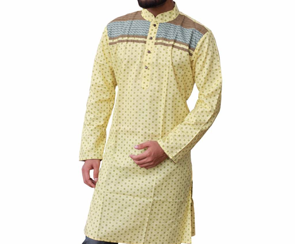 Yellow Printed Cotton Panjabi For Men