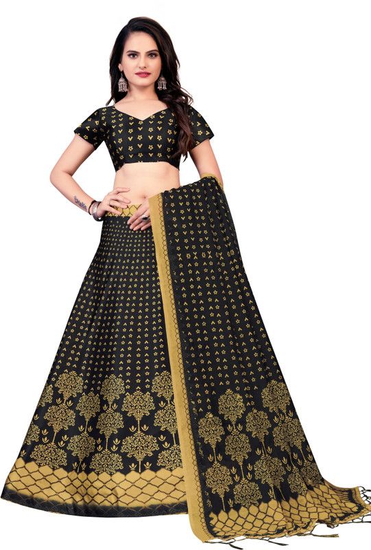 Applique Semi Stitched Lehenga Choli  (Black)