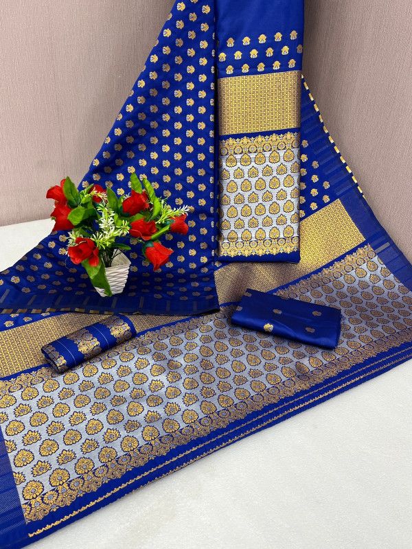 Embellished, Embroidered, Self Design, Woven Mekhela Chador Cotton Blend, Chanderi Saree  (Blue, White)