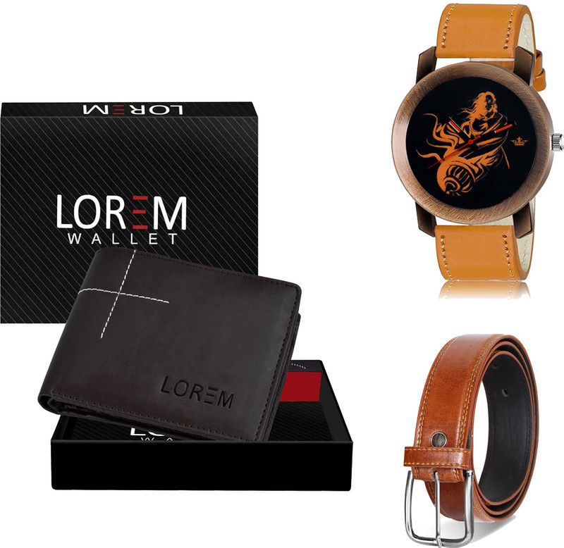 LOREM Belt, Wallet & Watch Combo  (Brown, Tan, Orange)