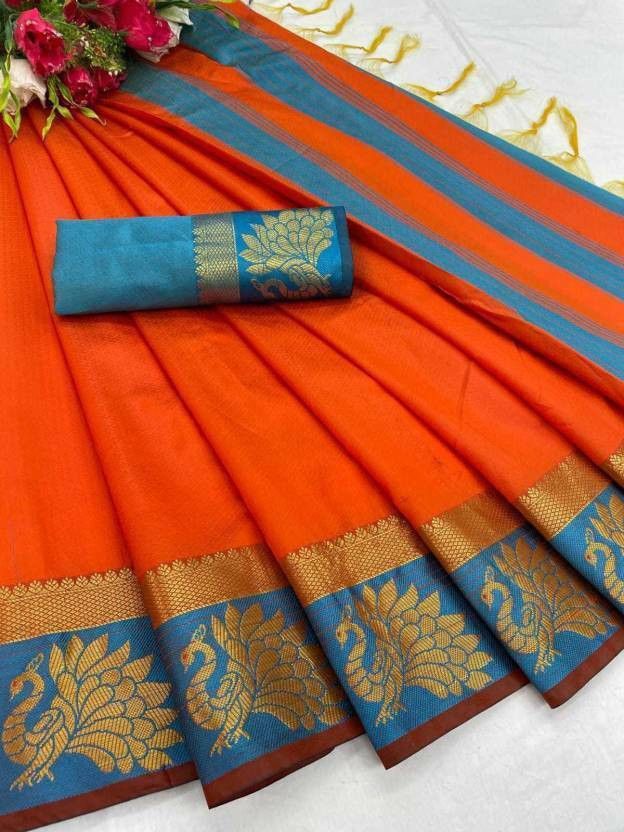 Embroidered Kanjivaram Silk Blend Saree  (Orange)