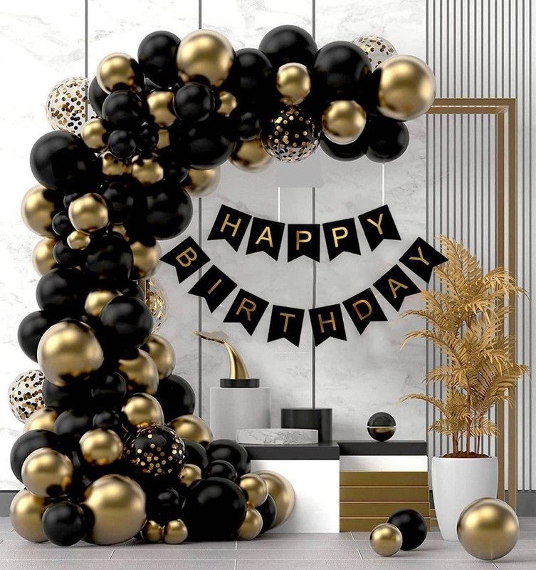 GUSAI Printed happy birthday combo golden black Balloon  (Multicolor, Pack of 60)
