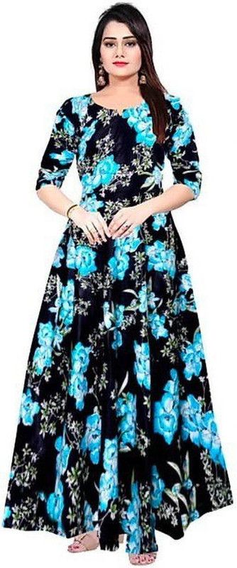 Printed Rayon Blend Stitched Flared/A-line Gown  (Black, Blue)