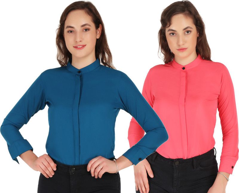 Women Solid Formal Light Blue, Grey Shirt  (Pack of 2)