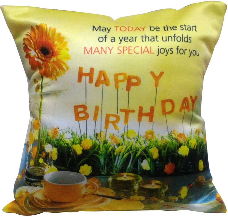 Natali Traders Microfibre Floral Birthday Printed Decorative Cushion Pack of 1  (Yellow)