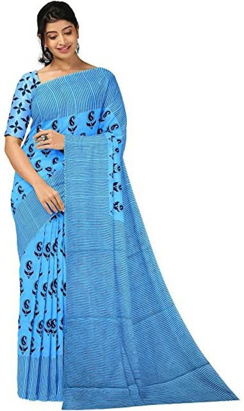 Printed, Blocked Printed Ikkat Pure Cotton Saree  (Light Blue)
