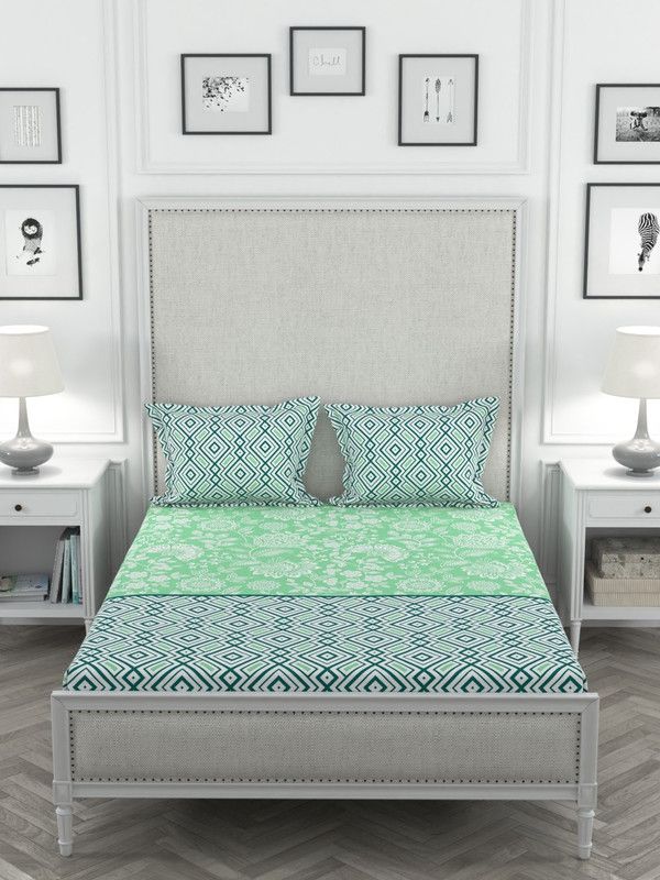 PORTICO NEW YORK 210 TC Cotton King Floral Flat Bedsheet  (Pack of 1, Mint & Teal)