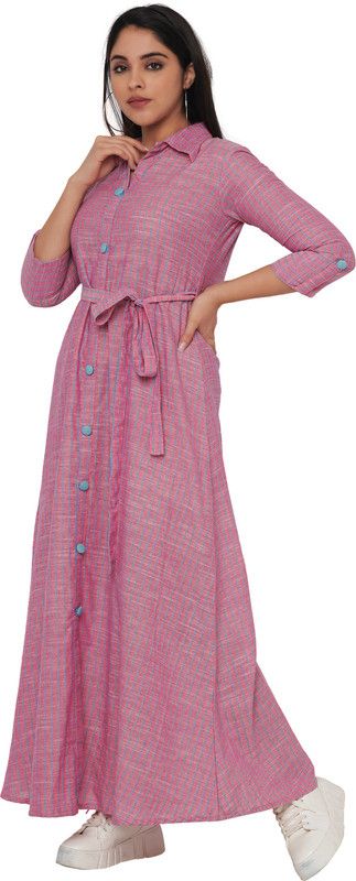 Women Striped Khadi Cotton Gown Kurta  (Pink)