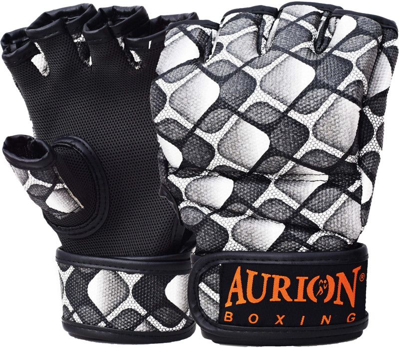 Aurion MMA Gloves for Grappling Martial Arts, Open Palm Maya Hide Leather Cage Fighting Martial Art Gloves  (Black, White)