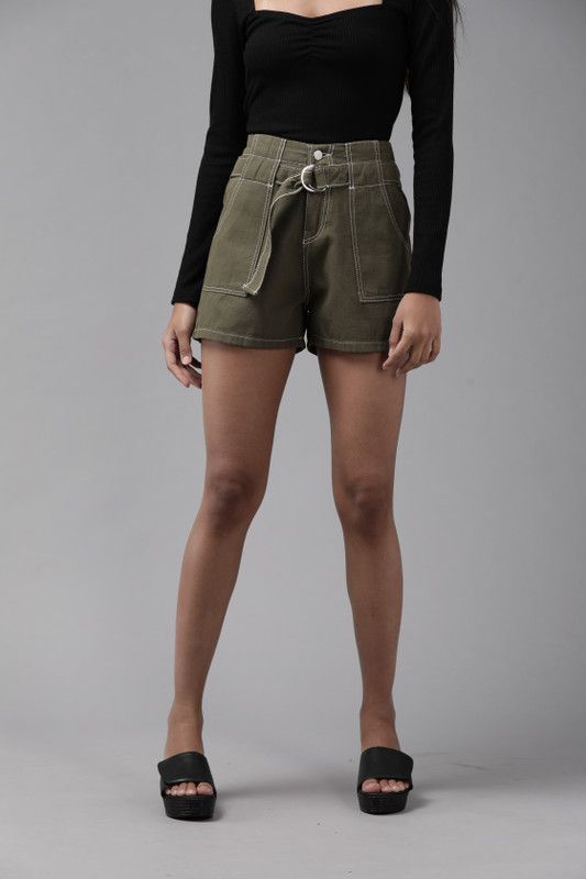 Solid Women Green Denim Shorts